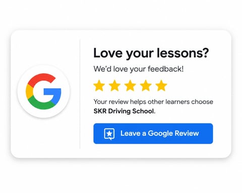 Google review request card for SKR Driving School with five-star rating and Leave a Google Review button